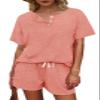 Women's Short Sleeve Sweatsuit Sets Lounge 2 Piece V Neck Button Shirt Drawstring Shorts Tracksuit Loose Fit Outfits Orange view 2