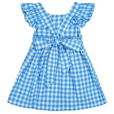 AGQT Little Girls Plaid Dress Gingham Fly Sleeve Backless Summer Dresses Spring Smocked Birthday Easter Dresses Sky Blue Size 4-5T