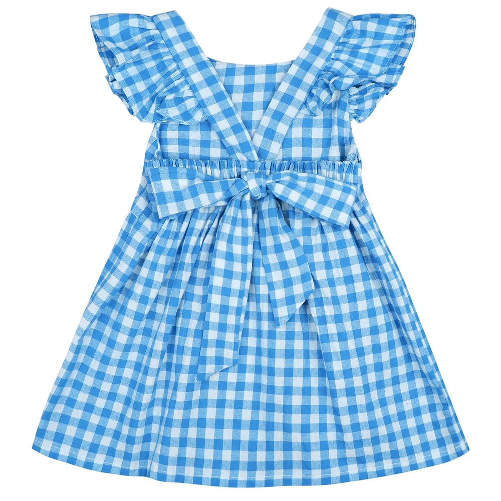 AGQT Little Girls Plaid Dress Gingham Fly Sleeve Backless Summer Dresses Spring Smocked Birthday Easter Dresses Sky Blue Size 4-5T