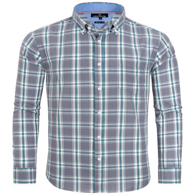 Alimens & Gentle Mens Plaid Long Sleeve Shirt Grey Green Gingham Regular Fit Button Down Shirt Business Work Dress Shirts