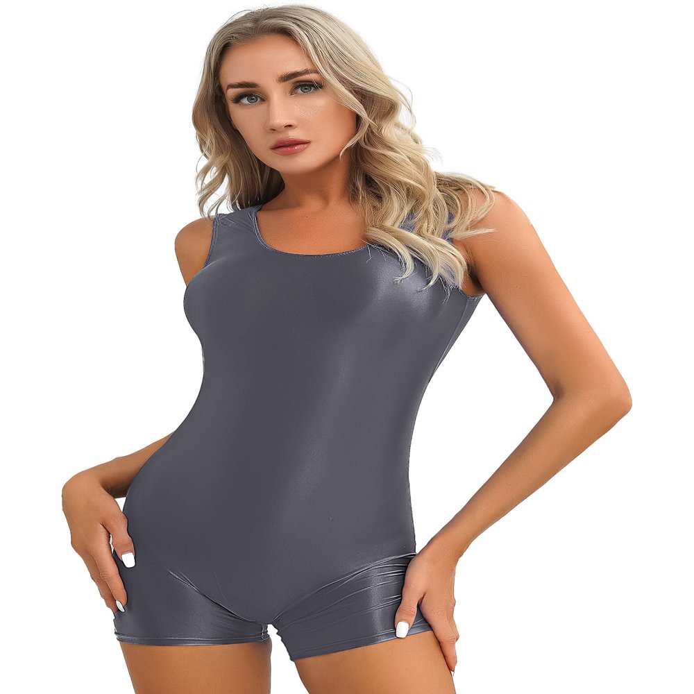 YiZYiF Women's Oil Glossy Satin Sleeveless Sports Swimming Surfing Suits Short Jumpsuit Swimwear Grey Large
