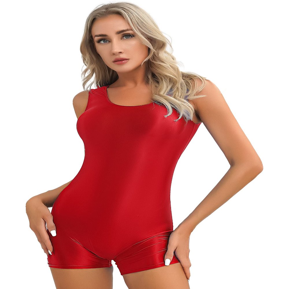 YiZYiF Women's Oil Glossy Satin Sleeveless Sports Swimming Surfing Suits Short Jumpsuit Swimwear Burgundy X-Large