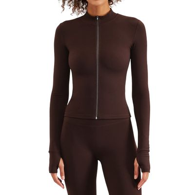 BaronHong Women's Stretchy Lightweight Track Jacket Full Zip Slim Fit Yoga Running Athletic Jackets with Thumb Holes(Brown,M)