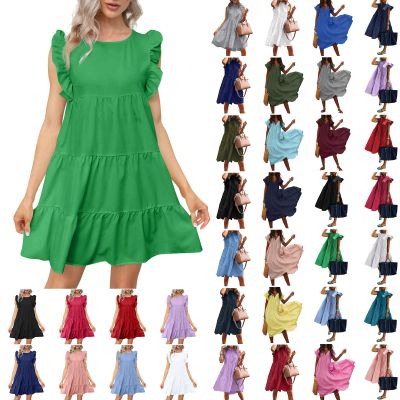 Babydoll Dresses for Women,2023 Summer Plus Size Casual Cute Petite Dress Sleeveless Tiered Ruffle Pleated Flowy Swing Boho Beach mini Maternity T-Shirt Dress Vacation Outfits(A-Green,M)