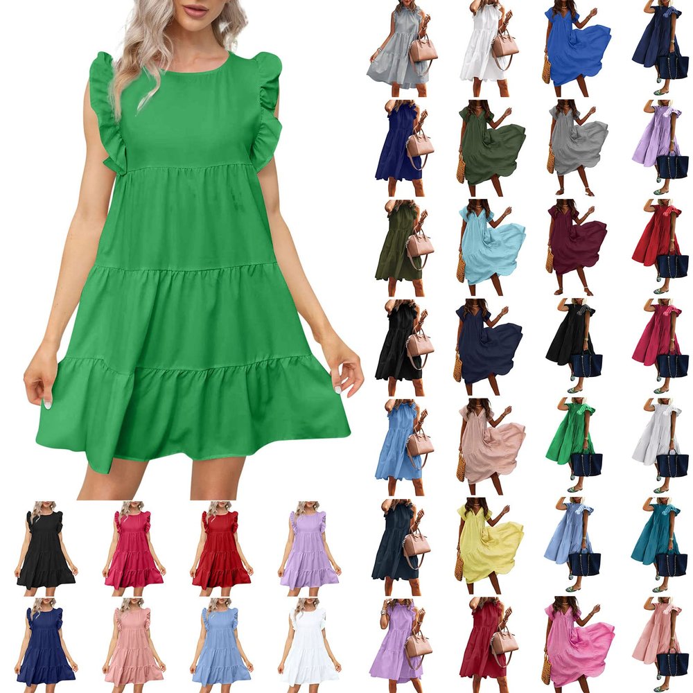 Babydoll Dresses for Women,2023 Summer Plus Size Casual Cute Petite Dress Sleeveless Tiered Ruffle Pleated Flowy Swing Boho Beach mini Maternity T-Shirt Dress Vacation Outfits(A-Green,M)