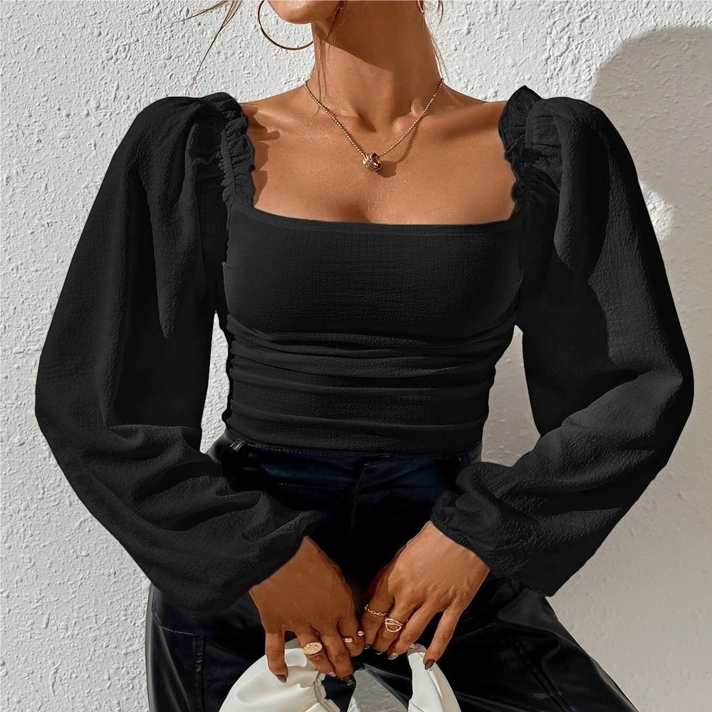 EFJONE Summer Blouses for Women Black Square Neck Ruched Elegant Blouse Long Sleeve Tops