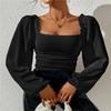 EFJONE Summer Blouses for Women Black Square Neck Ruched Elegant Blouse Long Sleeve Tops view 1
