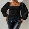 EFJONE Summer Blouses for Women Black Square Neck Ruched Elegant Blouse Long Sleeve Tops view 3