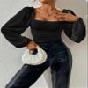 EFJONE Summer Blouses for Women Black Square Neck Ruched Elegant Blouse Long Sleeve Tops view 4
