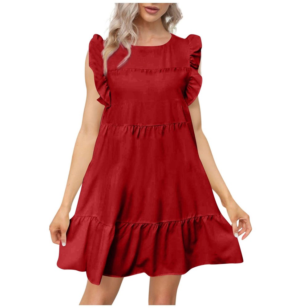 Babydoll Dresses for Women,2023 Summer Plus Size Casual Cute Petite Dress Sleeveless Tiered Ruffle Pleated Flowy Swing Boho Beach mini Maternity T-Shirt Dress Vacation Outfits(A-Red,XL)