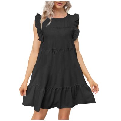 Babydoll Dresses for Women,2023 Summer Plus Size Casual Cute Petite Dress Sleeveless Tiered Ruffle Pleated Flowy Swing Boho Beach mini Maternity T-Shirt Dress Vacation Outfits(A-Black,5XL)