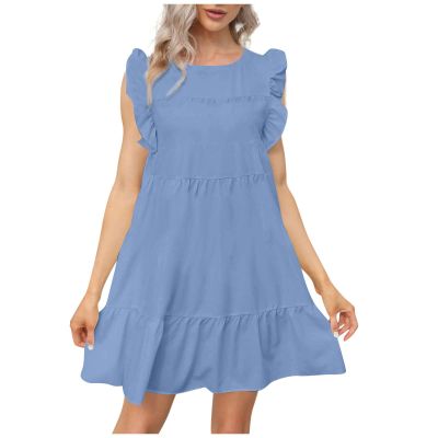 Babydoll Dresses for Women,2023 Summer Plus Size Casual Cute Petite Dress Sleeveless Tiered Ruffle Pleated Flowy Swing Boho Beach mini Maternity T-Shirt Dress Vacation Outfits(A-Light Blue,L)