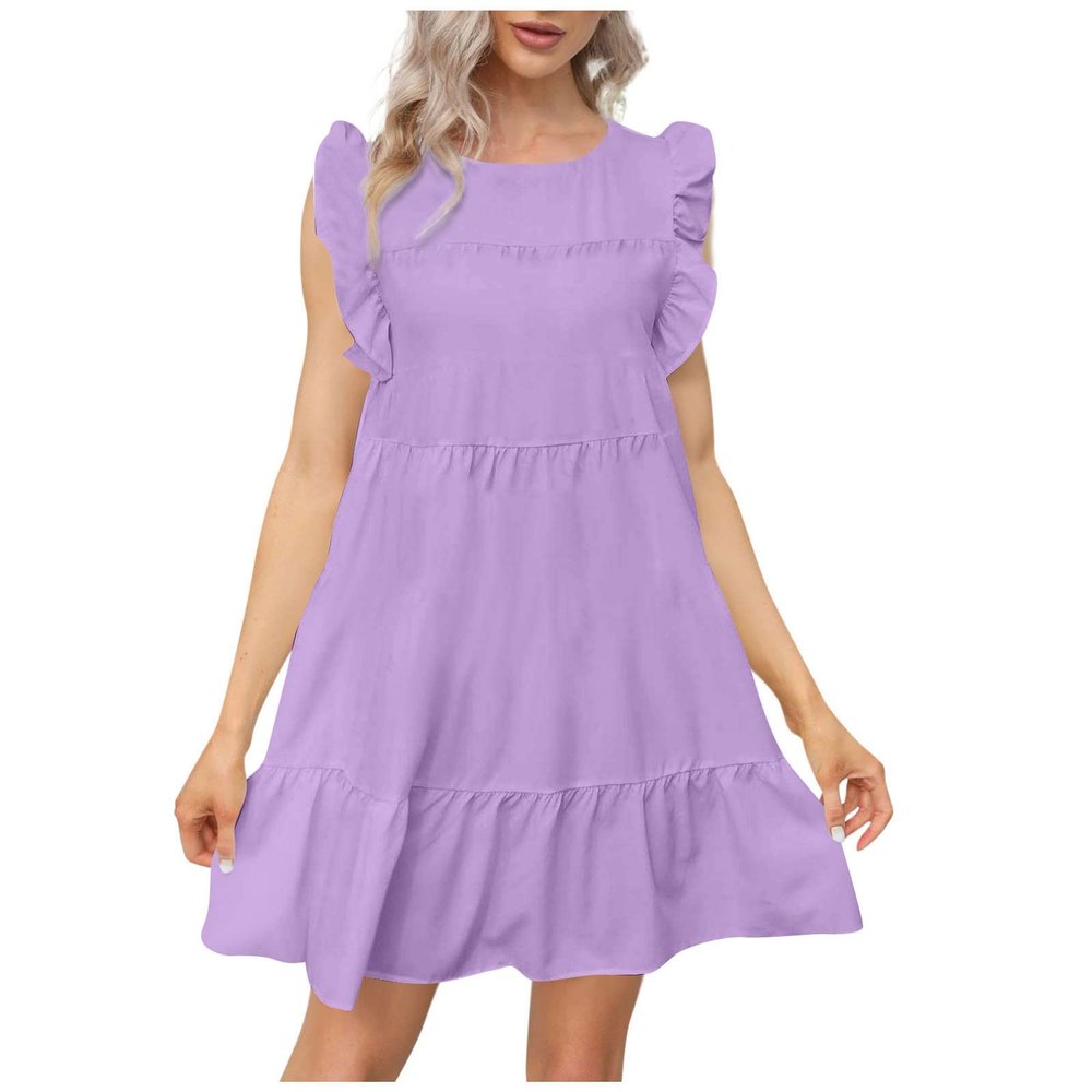 Babydoll Dresses for Women,2023 Summer Plus Size Casual Cute Petite Dress Sleeveless Tiered Ruffle Pleated Flowy Swing Boho Beach mini Maternity T-Shirt Dress Vacation Outfits(A-Purple,XXL)