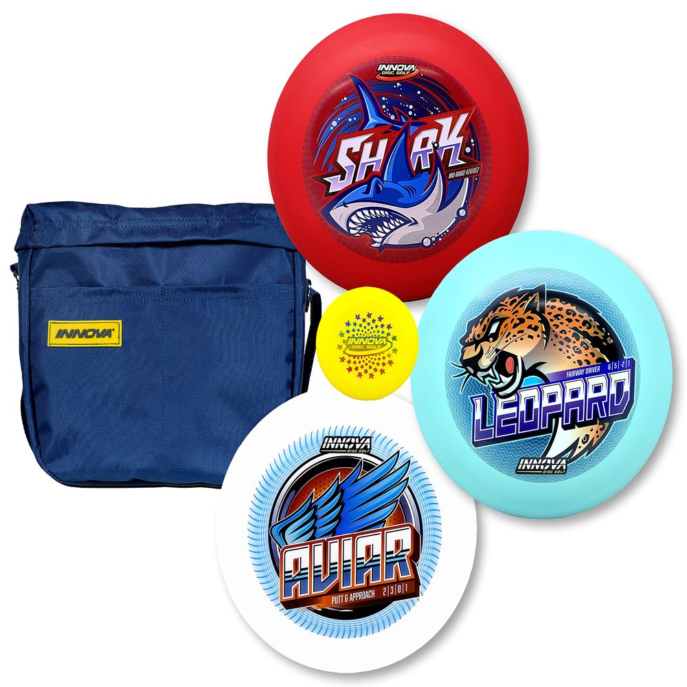 Innova Disc Golf Starter Set with Bag  Disc Golf Set for Beginners with Disc Golf Driver, Mid-Range, Disc Golf Putter and Mini Marker (Colors Will Vary)
