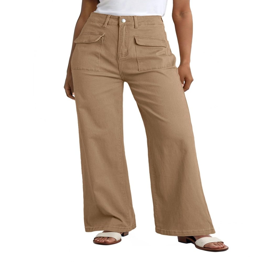 Dokotoo Women's Pants High Waisted Cargo Pants Womens Baggy Jeans for Women Straight Wide Leg 2026 Spring Outfits Fashion Clothes Casual Trendy Pocket Teen Girls Trousers Stretch Denim Brown