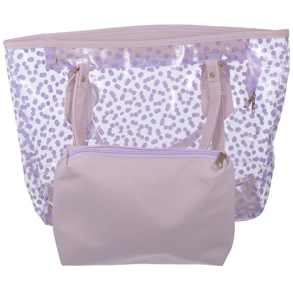 TENDYCOCO Clear Zippered Tote Bag with Inside Purse, Purple Dots Patterned Transparent Beach Handbag for Women, 16.92 X 11.02 X 5.11 Inch