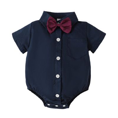 SOBOWO Baby Button Down Onsie Infant Baby Boys Formal Dress Shirt Bodysuit Short Sleeve Button Up One-Piece Romper Jumpsuit Wedding Party 4th of July Outfits 0-24M(18-24 Months, Navy)