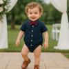 SOBOWO Baby Button Down Onsie Infant Baby Boys Formal Dress Shirt Bodysuit Short Sleeve Button Up One-Piece Romper Jumpsuit Wedding Party 4th of July Outfits 0-24M(18-24 Months, Navy) view 4