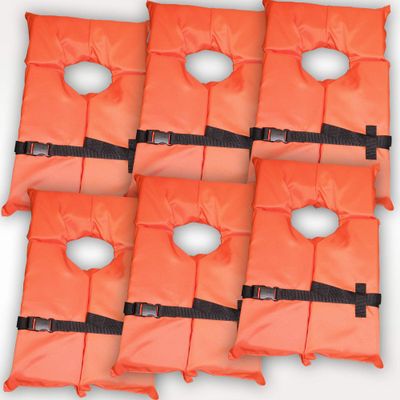 6 Pack Coast Guard Approved Life Jackets. High Visibility Color Type II Keyhole Life Vest in Classic May West Style. Compliance Flotation Device Adult Orange