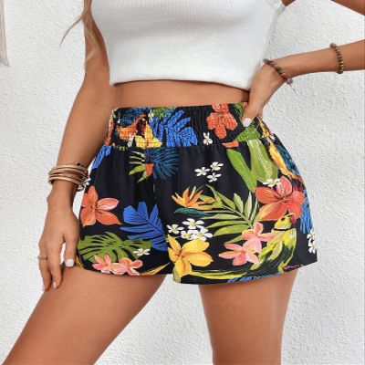 AKIOLOAS Women's Shorts Tropical Print Shirred Waist Shorts Women's Shorts Shorts for Women (Color : Multicolor, Size : Small)