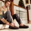 HomeTop Men's Memory Foam Moccasin Slippers Indoor and Outdoor Warm Fuzzy Fleece House Shoes Coffee,11 US view 3