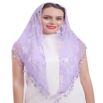 Cilkus Lace veil Triangle Mantilla veil Shawl or Scarf Latin Mass Head Cover with Fringed lace (Light purple)