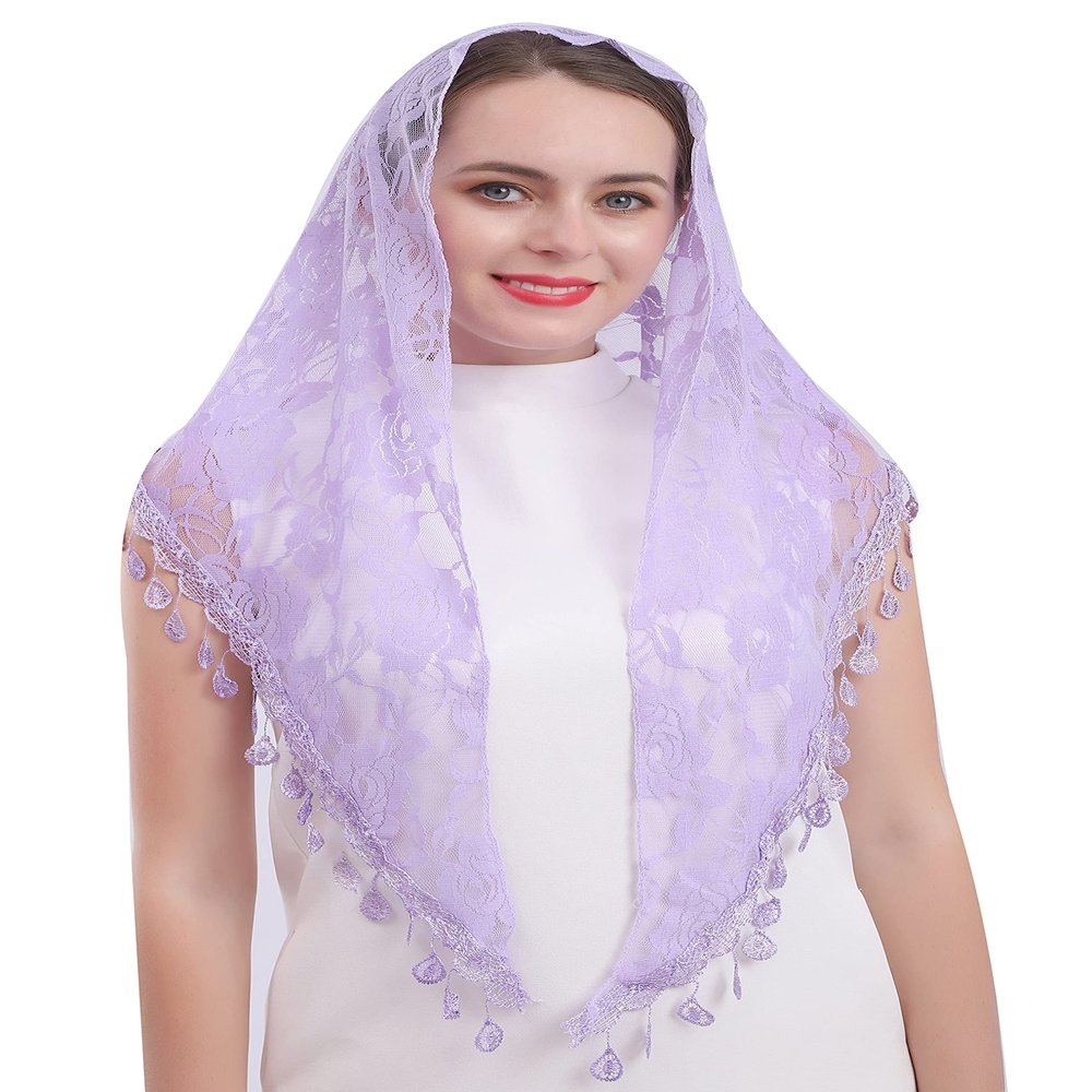 Cilkus Lace veil Triangle Mantilla veil Shawl or Scarf Latin Mass Head Cover with Fringed lace (Light purple)