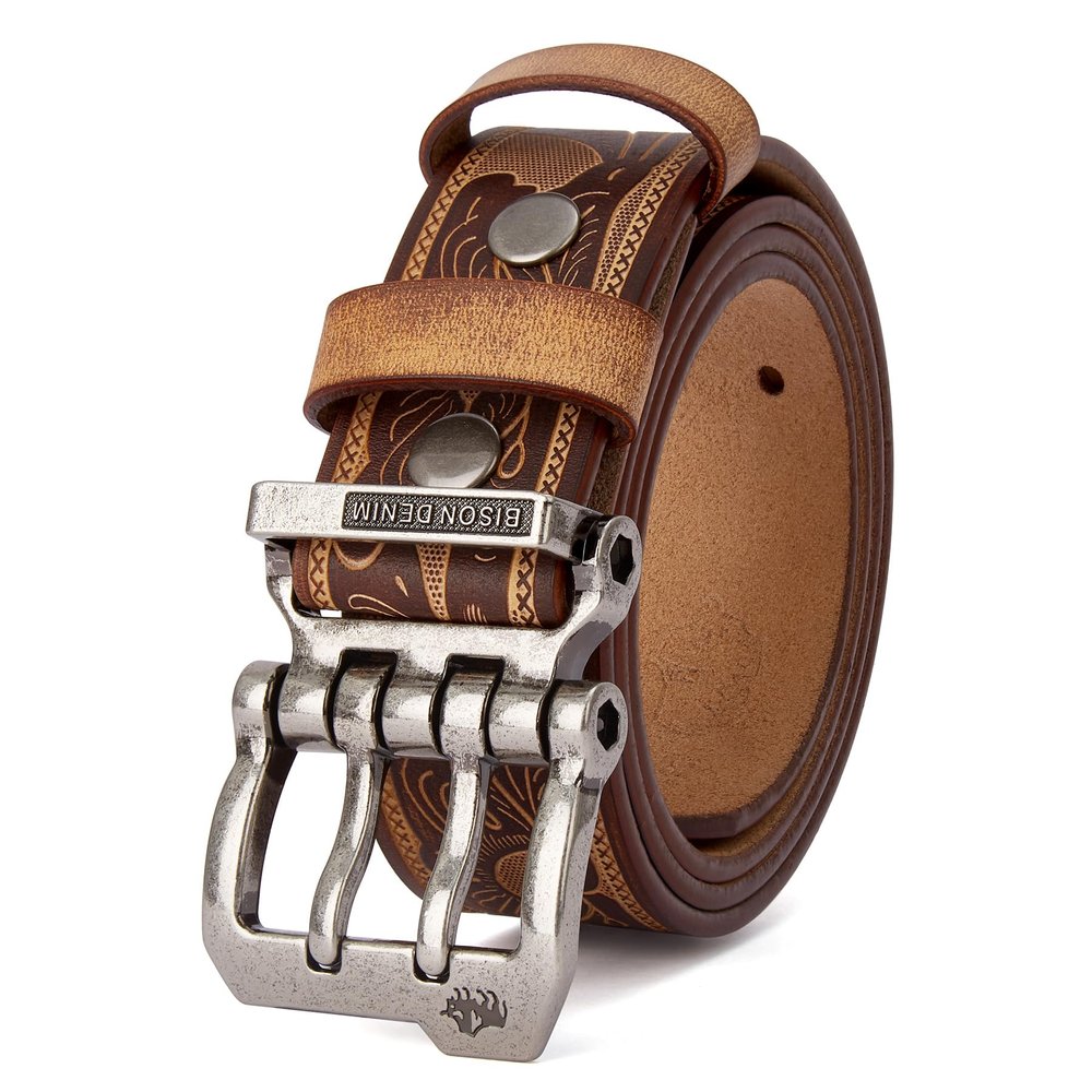 BISON DENIM Men's Belts Leather Dress Genuine Leather Classic Heavy Duty Buckle Belt Casual for Jeans