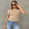 Abardsion Women's Casual Basic Going Out Crop Tops Slim Fit Short Sleeve Crew Neck Tight T Shirts 2026 (Khaki, 2XL) view 2