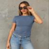Abardsion Women's Casual Basic Going Out Crop Tops Slim Fit Short Sleeve Crew Neck Tight T Shirts 2026 (Haze Blue, 2XL) view 2