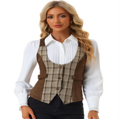 Allegra K Vest for Women's Plaid Button Down Sleeveless Faux Suede Panel Dressy Waistcoat For Blazer Medium Brown