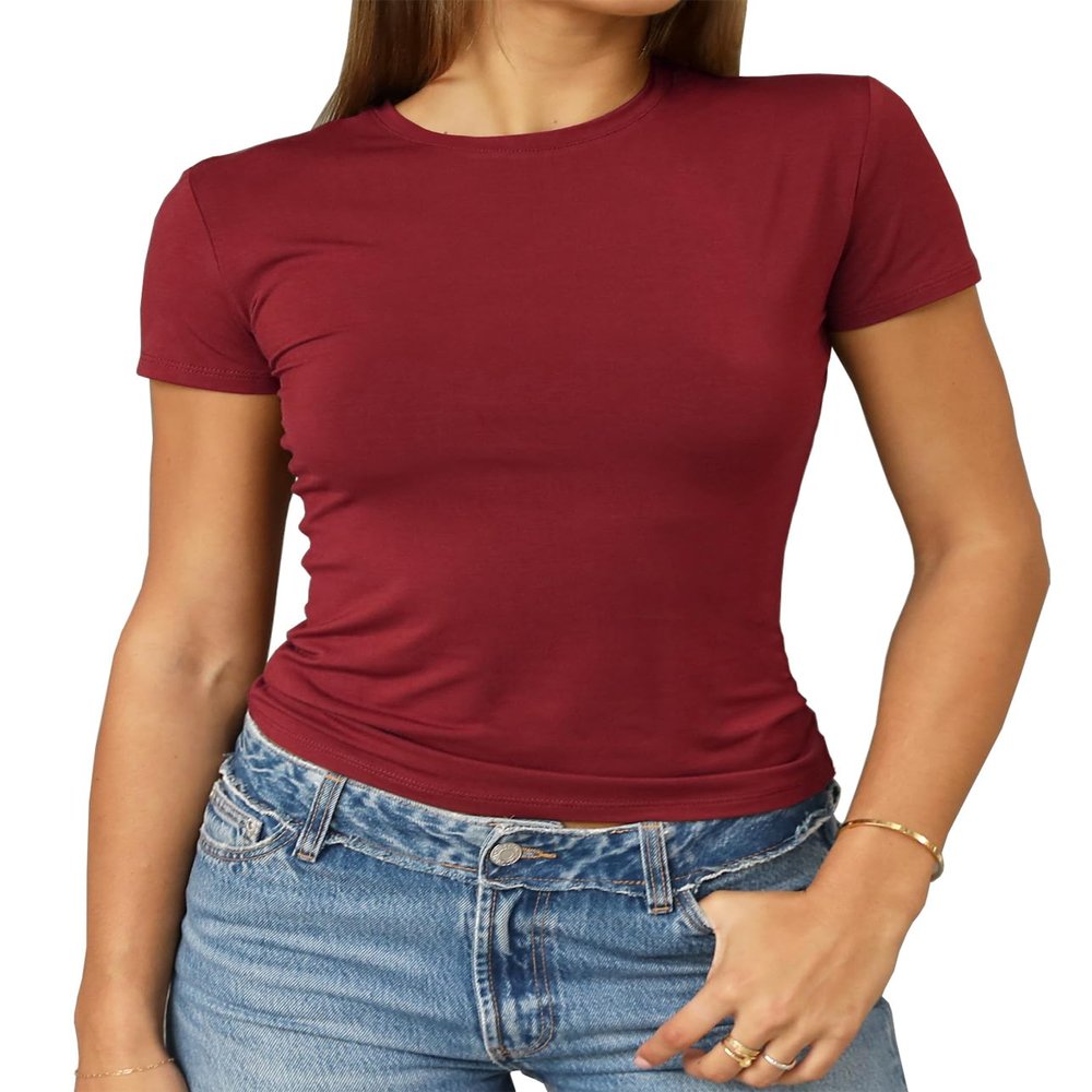 Abardsion Women's Casual Basic Going Out Crop Tops Slim Fit Short Sleeve Crew Neck Tight T Shirts 2026 (Red, XL)