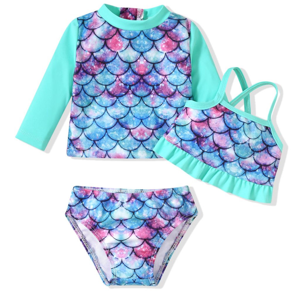 6 Month Infant Baby Girl 3-Piece Rash Guard Swimwear Sets Long Sleeve Mermaid Swimsuit Bathing Suit 6-12 Months