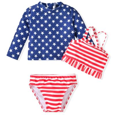 6 Month Infant Baby Girl 3-Piece Rash Guard American Flag Swimwear Sets Long Sleeve 4th Fourth of July Memorial Day Swimsuit July 4th Bathing Suit 6-12 Months