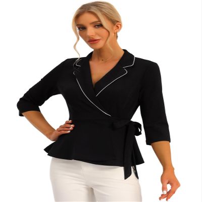 Allegra K Peplum Tops for Women's Tie Waist Notch Lapel Collar Blouse X-Small Black