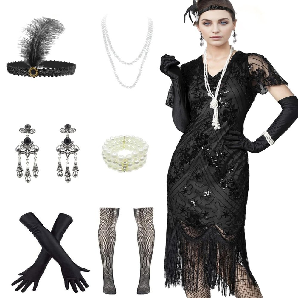 1920s Flapper Dress Gatsby Party Dress Vintage Sequin for Evening Prom w/Accessories