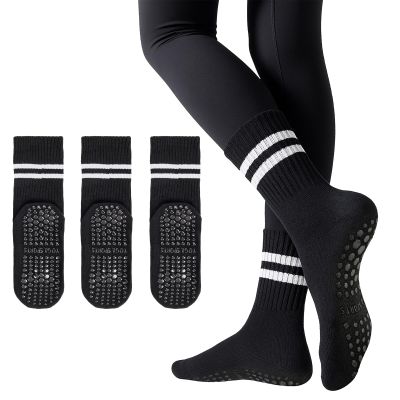 American Trends Pilates Socks with Grips for Women Yoga Barre Non Slip Socks with Grippers 3 Pairs-Black One Size