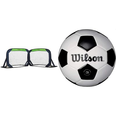 Sport Squad Portable Soccer Goal Net Set - Set of Two 4' Pop Up Training Soccer Goals with Compact Carrying Case - Easy Assembly and Compact Storage & Wilson Traditional Soccer Ball - Black/White