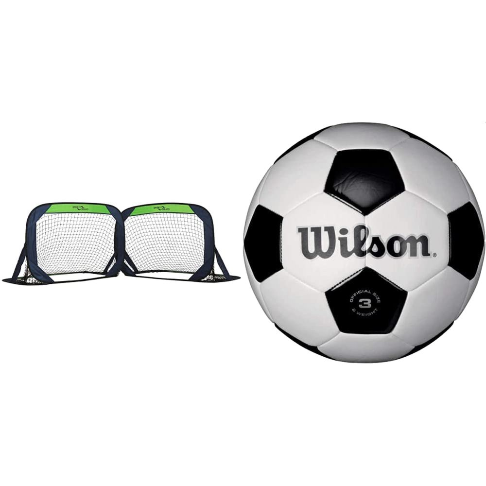 Sport Squad Portable Soccer Goal Net Set - Set of Two 4' Pop Up Training Soccer Goals with Compact Carrying Case - Easy Assembly and Compact Storage & Wilson Traditional Soccer Ball - Black/White