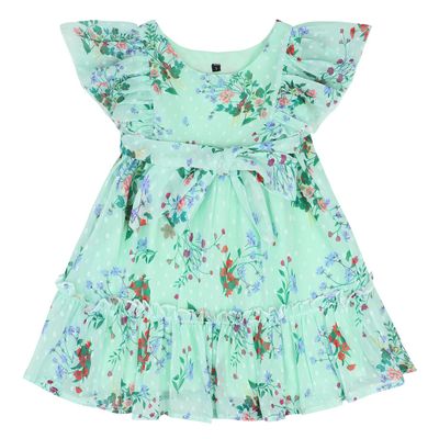 AGQT Girls Ruffle Dress Flutter Sleeve Summer Dress Flower Girls Swiss Dots Flowy Pleated Party Dress Green-Red Blue Flower Size 7-8T