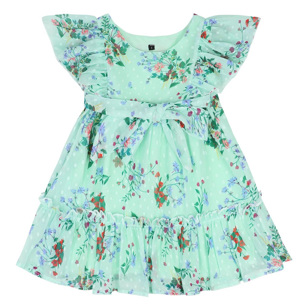 AGQT Girls Ruffle Dress Flutter Sleeve Summer Dress Flower Girls Swiss Dots Flowy Pleated Party Dress Green-Red Blue Flower Size 11-12T