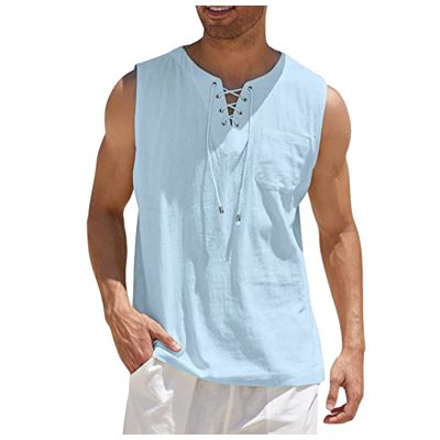 Running Shirts For Men, Sleeveless Shirts Men Mens Shirts Tanks With Pockets Men's Casual Loose Cotton Linen Shirts Colour Shirt Blouse Vest Beach Shirts Tops Cotten Tank Tops (M, 1-Light blue) Ymosrh