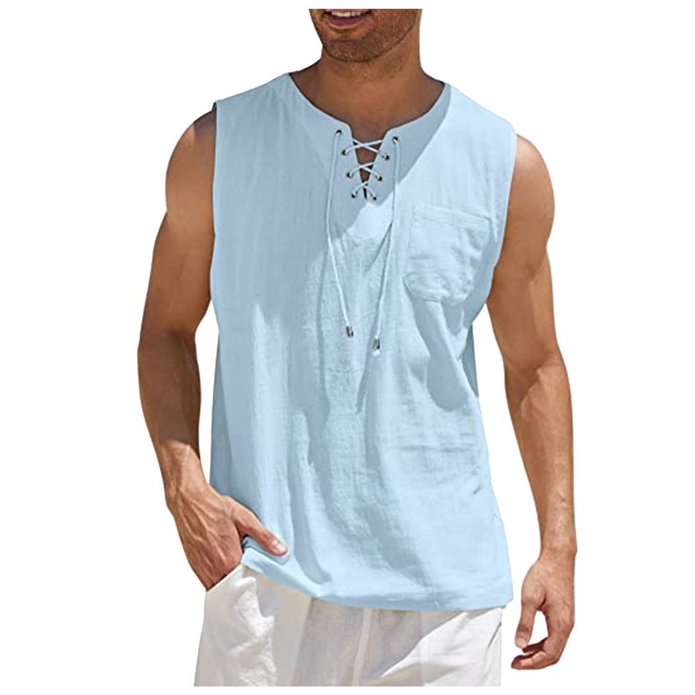 Running Shirts For Men, Sleeveless Shirts Men Mens Shirts Tanks With Pockets Men's Casual Loose Cotton Linen Shirts Colour Shirt Blouse Vest Beach Shirts Tops Cotten Tank Tops (M, 1-Light blue) Ymosrh
