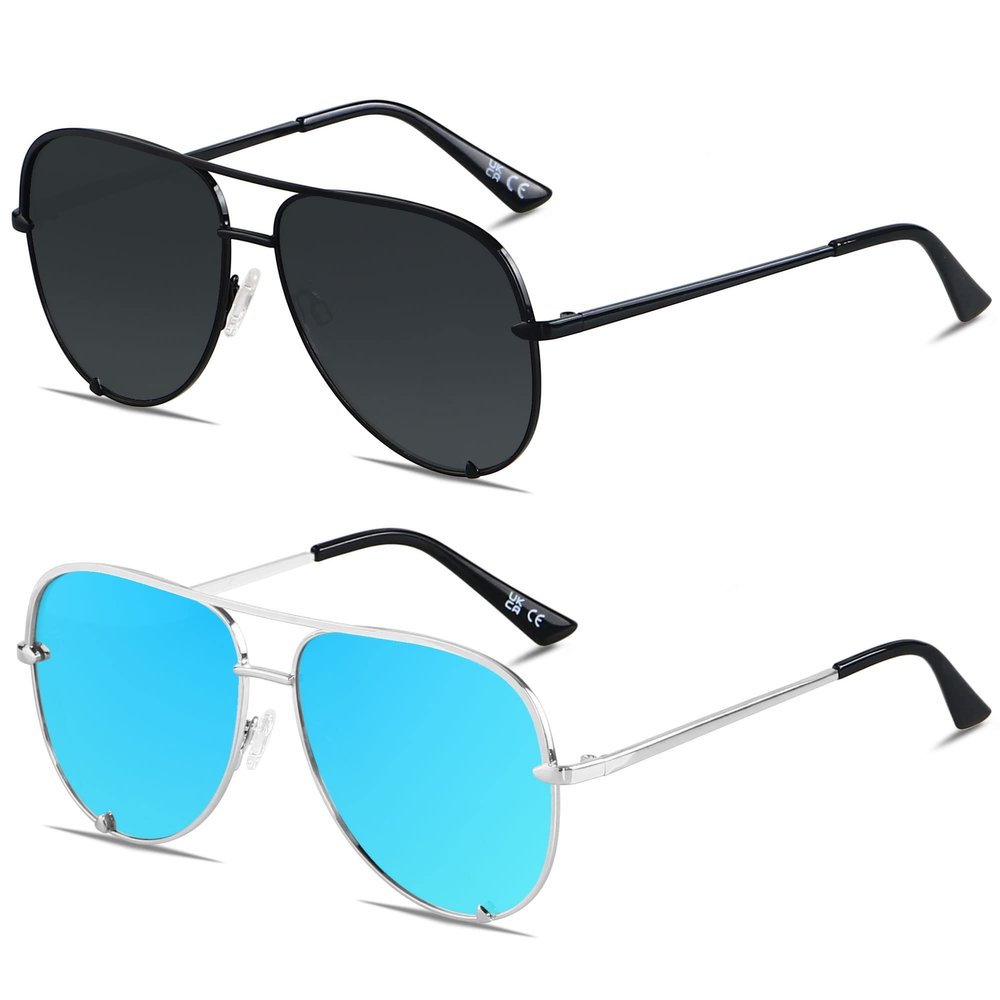 ANDWOOD Oversized Aviator Sunglasses for Women Big Large UV Protection Fashion Sun glasses UV Protection Black Mirrored Ice Blue Silver Shades