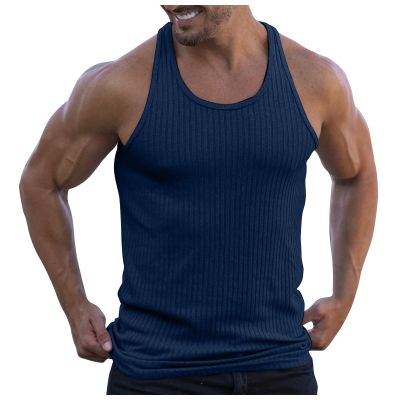 Ymosrh Running Shirts for Men, Mens Undershirts Sleeveless Men Tshirts White Tank Tall Men's Solid Color Tightening Spring/Summer Knit Vertical Stripe Bodybuilding Fitness Vest I-Line (XL, Navy-1)