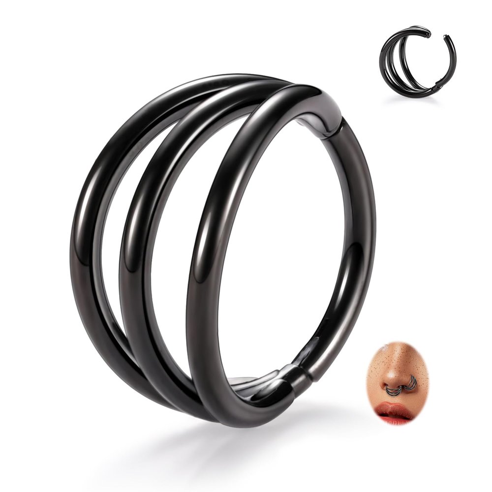 FUNLMO Nose Ring Set - Septum, Tragus, Helix, Conch, Daith & Rook Piercing Jewelry - 316L Surgical Steel, Black 8mm Triple Hoop Cartilage Earring
