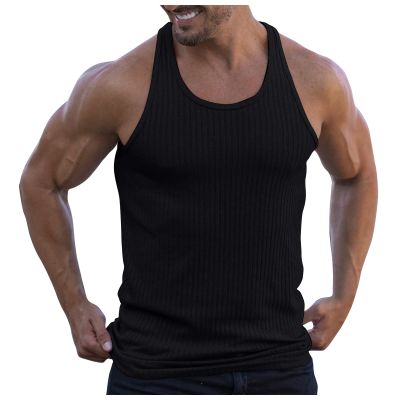 Ymosrh Mens Tank Top, Top Men Sleeveless Undershirts for A-Shirt Tank Top Men's Solid Color Tightening Spring/Summer Knit Vertical Stripe Bodybuilding Fitness Vest I-Line Under Shirts (XXL, Black-1)