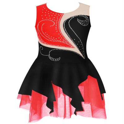 Shinsto Girls Sleeveless Figure Ice Skating Dress Sparkle Rhinestone Gymnastic Leotard Competition Costume Black&Red 16 Years
