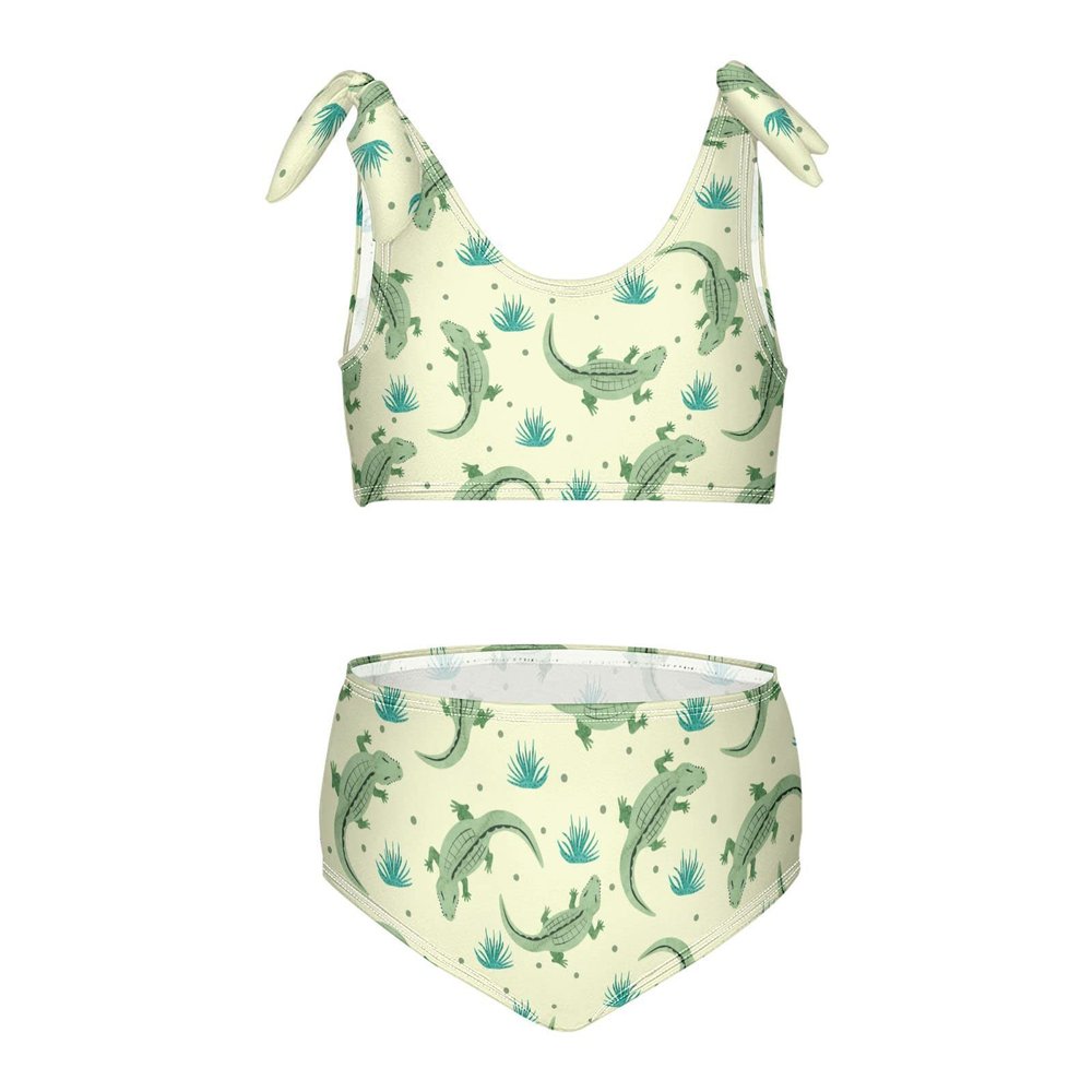 Aflyko Girls' Swimwear Western Alligator Green 2-Piece Bikini Set Summer Swimsuit Vacation Bathing Suit Hawaii Beachwear Water Sport Tankini Set 11-12T