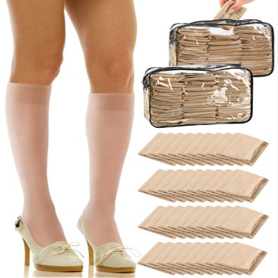 Preboun 100 Pairs Sheer Knee Stockings Bulk for Women Nylon Knee Highs Pantyhose Socks for Lady with PVC Bag(Medium,Nude)